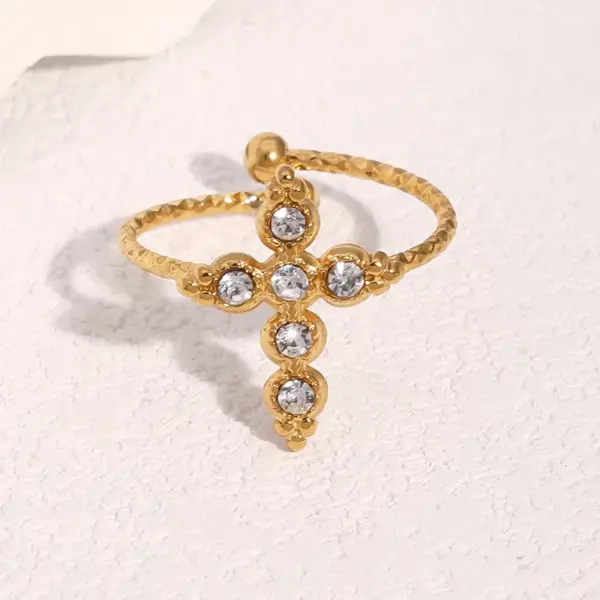 Wholesale Hot-Selling Stainless Steel Ring Personality Retro Cross Inlaid Diamond Open Ring 18k Gold Titanium Steel Jewelry For Women