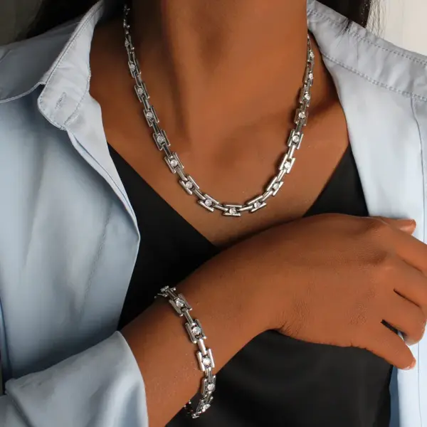 PVD Coated 18K Gold Real Gold Plated Square 304 Stainless Steel Casual Waterproof Non Tarnish Bracelets Necklace Jewelry Set