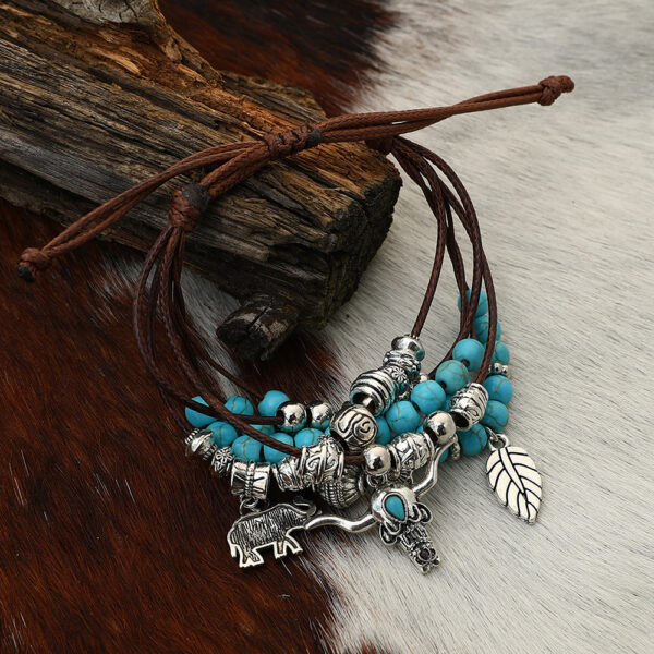 Wholesale European and American New Ethnic Style Bohemian Turquoise Tow Head Elephant Leaf Pendant Handmade Multi-layer Bracelet Bracelet
