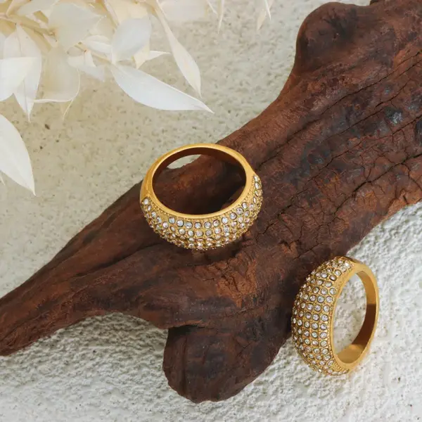 Wholesale 304 Stainless Steel Geometric PVD Coated Rhinestones 18K Gold Plated Real Gold Plated Luxurious Shiny Waterproof Non Tarnish Plating Inlay Gold Silver Rings