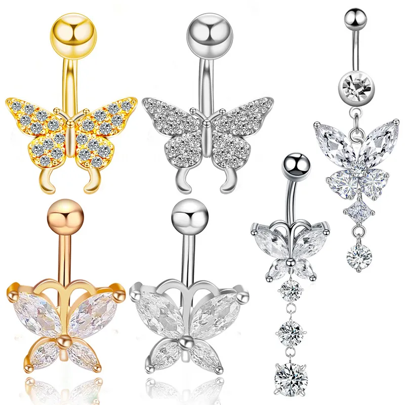 Wholesale Fashion Butterfly Stainless Steel Inlay Zircon Belly Ring 1 Piece