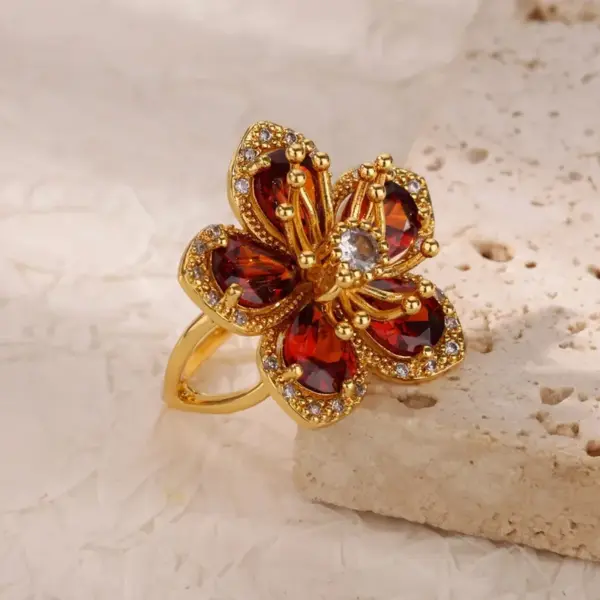 Wholesale Copper Flower PVD Coated Zircon Real Gold Plated Vintage Style Waterproof Non Tarnish Inlay Open Rings