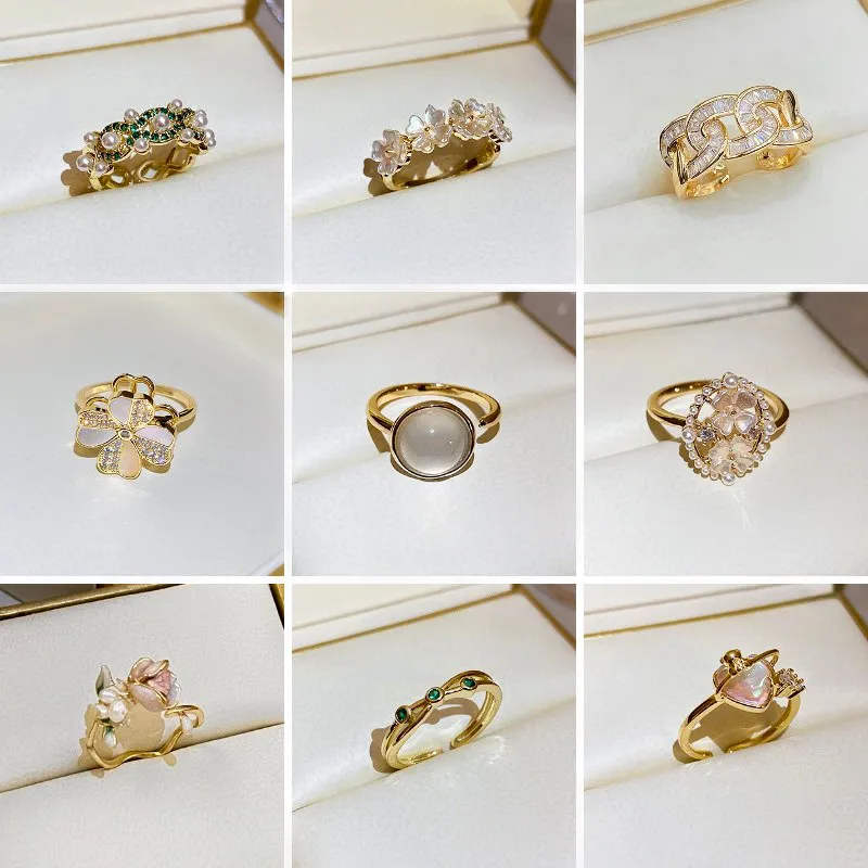 Wholesale Sweet Flower Metal Plating Inlay Pearl Zircon Gold Plated Women's Open Ring
