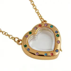 Heart-shaped Colored Diamond Glass Photo Box Necklace