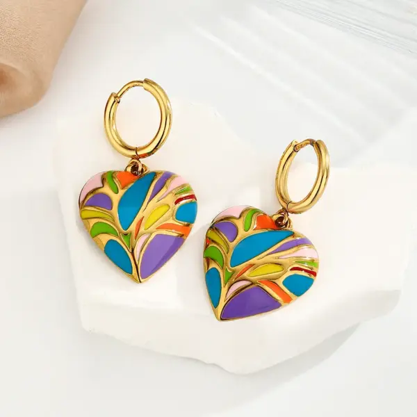 Wholesale Stainless Steel Heart Shape PVD Coated Real Gold Plated 18K Gold Elegant Luxurious Enamel Colour Earrings