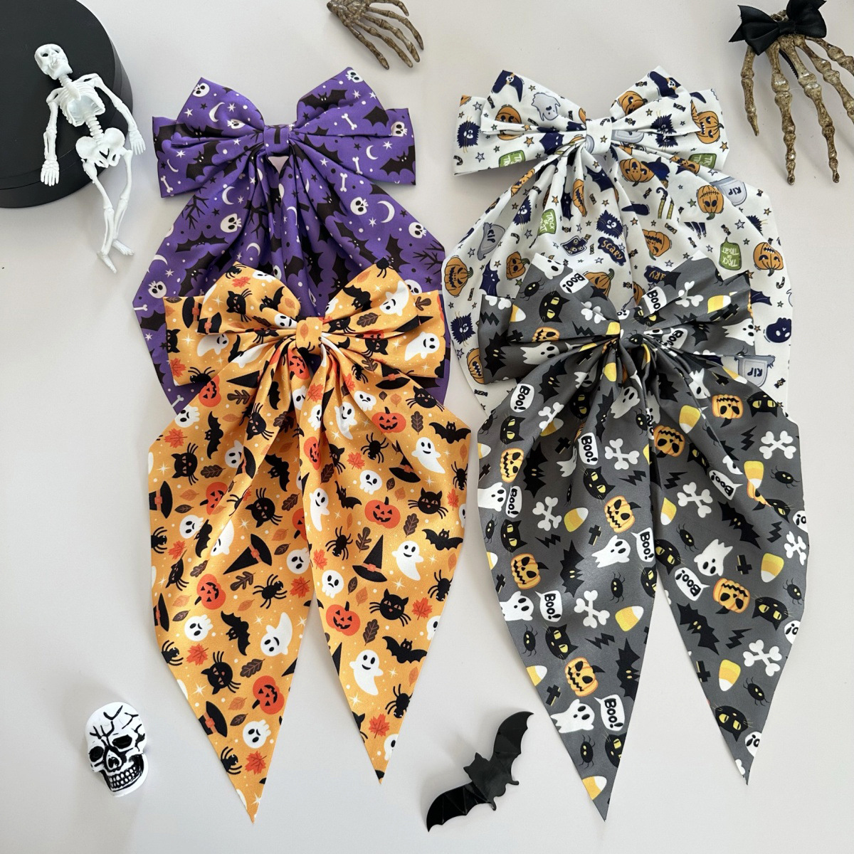 Wholesale Cross-border Pumpkin Bat Print Bow Ribbon Spring Clip Funny Ghost Pattern Hair Clip Hair Aessory