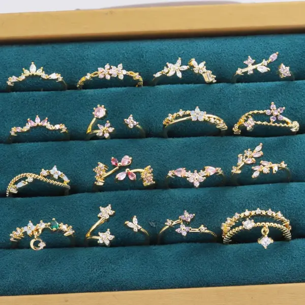 Wholesale Jewelry Cute Romantic Sweet Colorful Heart Shape Petal Copper Artificial Rhinestones Artificial Diamond Rhinestones Inlay Open Rings