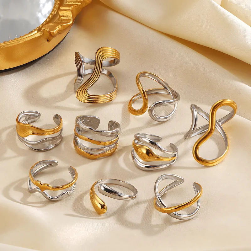 Wholesale 304 Stainless Steel Lines Ion Plating (IP) 18K Gold Plated IG Style Glam Vintage Style Waterproof Non Tarnish Gold Open Rings