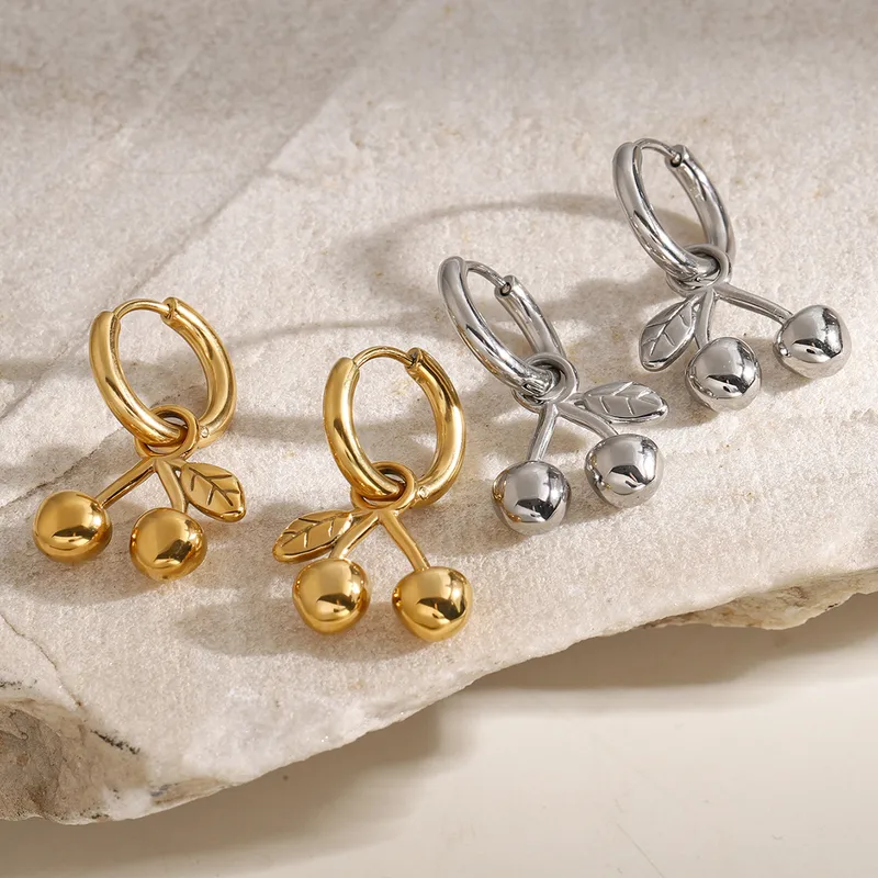 Wholesale 304 Stainless Steel Cherry PVD Coated 18K Gold Plated IG Style Gold op Earrings