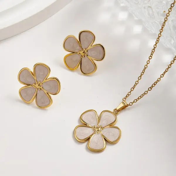 Wholesale European And American Trendy Fashion Ins Style Gold-Plated Imitation Gold 304 Stainless Steel Colorful Oil-Drip Flower Stud Earrings Necklace Set