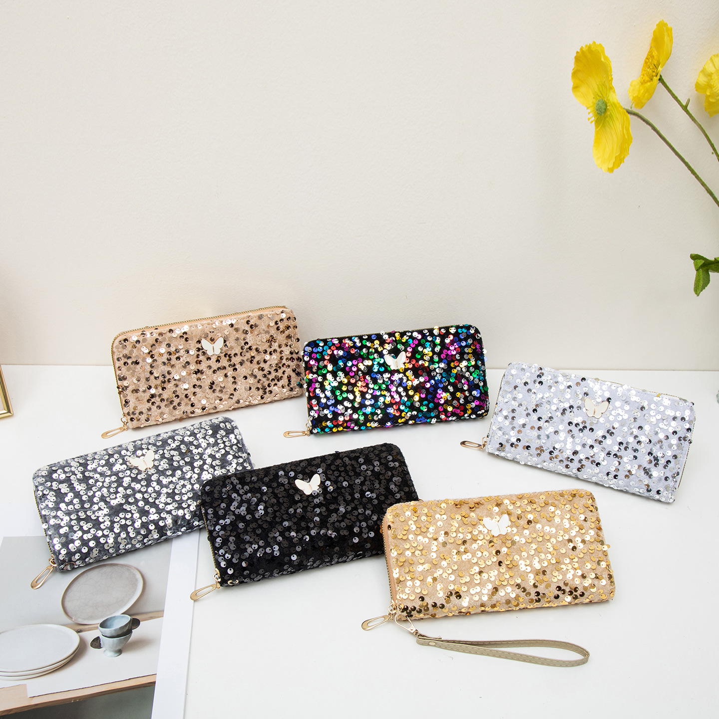 Wholesale Long single-zip wallet, 2025 new style, fashionable sequined ning clutch, coin purse, phone case, exrt.