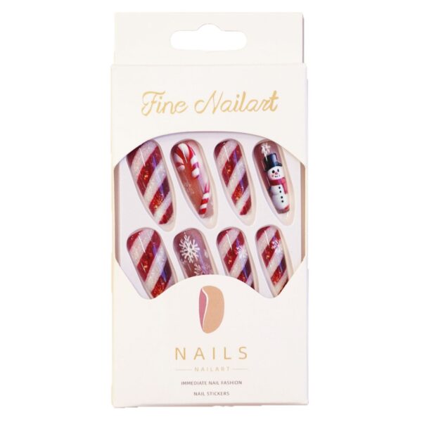 Wholesale WM-311 Red and White Striped False Nails, Long T-Shaped Style, Christmas Snowflake and Snowman Line Decorations, Wearable Nail Tips