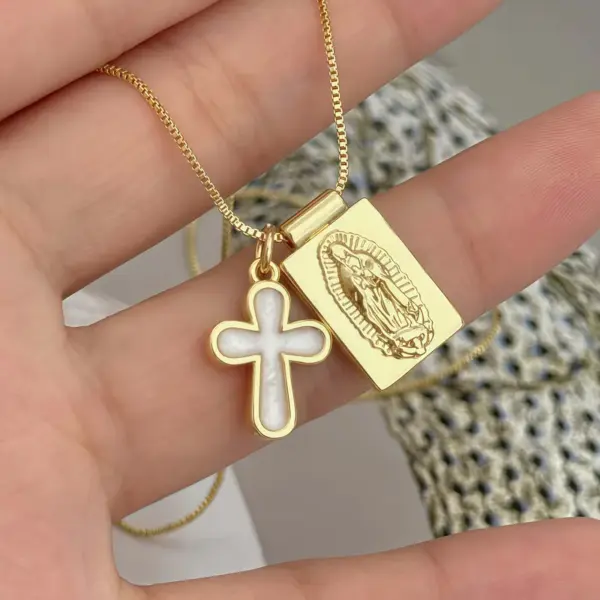 Wholesale Casual Copper Plated 18K Gold Drip Necklace Religious Symbol Pattern/Heart/FE Letter/Cross Double Pendant Jewelry Gift For Men And Women