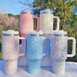 Wholesale New pearl diamond thermos exquisite 40oz with handle portable car cup stainless steel thermos cup water cup