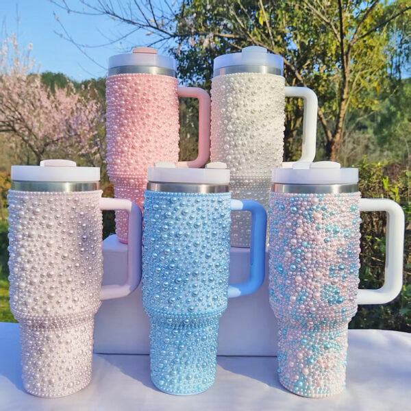 Wholesale New pearl diamond thermos exquisite 40oz with handle portable car cup stainless steel thermos cup water cup