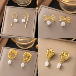 Wholesale PVD Coated Real Gold Plated 18K Gold Bow Knot Shell 304 Stainless Steel Simple Style Waterproof Non Tarnish Earrings Ear Studs