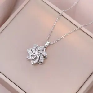 X2844 Steel Color Rotating Flower Necklace