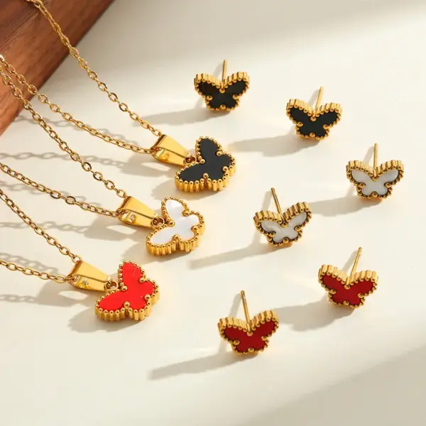 Wholesale Elegant Vintage Butterfly Shell Necklace Earrings Set Gold Plated Stainless Steel Jewelry Accessories For Women All Seasons