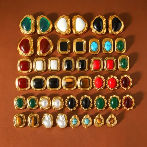 304 Stainless Steel Inlaid Natural Stone Irregular Shape Stud Earrings Plated 18K Real Gold Zircon Pearl Vintage Earrings