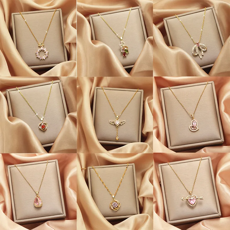 Wholesale Titanium Steel Copper Vintage Style Tassel Plating Inlay Heart Shape Flower Bow Knot Zircon Pendant Necklace