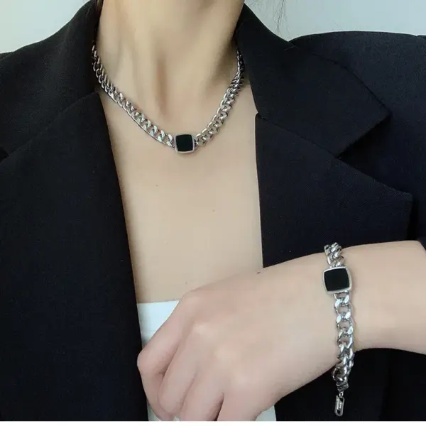 Wholesale Fashion Square Titanium Steel Inlay Artificial Gemstones Rings Bracelets Necklace