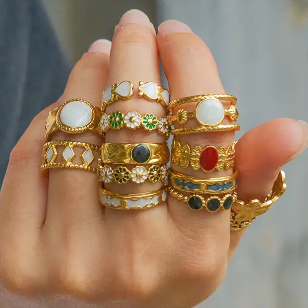 Ion Plating (IP) 18K Gold Plated Leaves Eye Flower 304 Stainless Steel Rock Oversized Waterproof Non Tarnish Open Rings