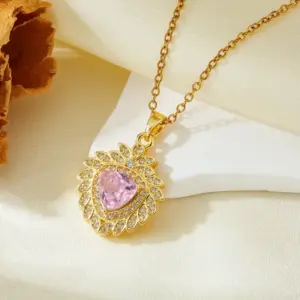 Gold Sunflower Triangle Pink Diamond Necklace T021