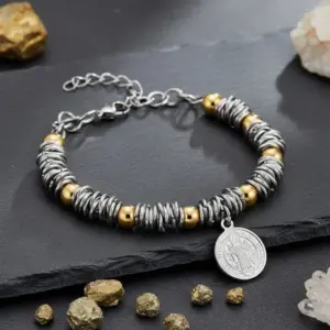 Wholesale St Benedict And Madonna Pendant Stainless Steel Bracelet With Gold Beads Unisex Casual Everyday Wear Cross Heart Religious Jewelry