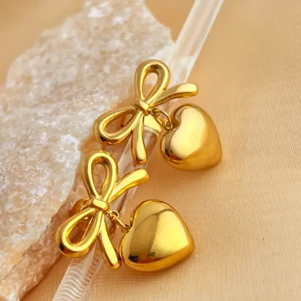 PVD Coated Real Gold Plated 18K Gold Heart Shape Bow Knot 304 Stainless Steel Elegant Glam Luxurious Waterproof Non Tarnish Dangling Earrings