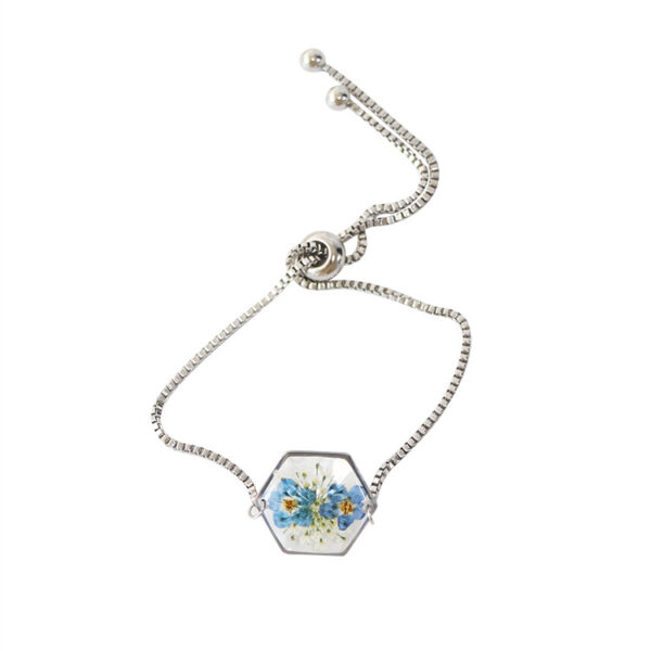 Wholesale New Aiwei Hexagonal Dried Flower Bracelet Gold Silver Colorful Small Flower Forget-Me-Not Dried Flower Stainless Steel Chain