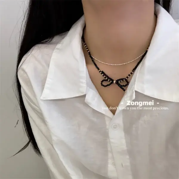 Wholesale IG Style Sweet Shiny Bow Knot Crystal Titanium Steel Necklace In Bulk