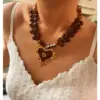 Wholesale 1 Piece Fashion Retro Stainless Steel Big Heart Resin Ball Bead 18K Gold Waterproof Non-Fading Women's Melad Style Autumn Winter Necklace