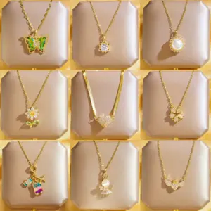 304 Stainless Steel Copper 18K Gold Plated K Gold Plated Cute Inlay Flower Butterfly Acrylic Shell Zircon Pendant Necklace