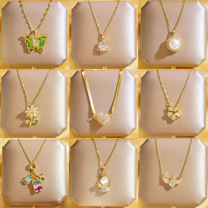 Wholesale 304 Stainless Steel Copper 18K Gold Plated K Gold Plated Cute Inlay Flower Butterfly Acrylic Shell Zircon Pendant Necklace