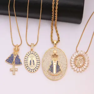Wholesale 304 Stainless Steel Copper Round Virgin Mary Water Plating Zircon 18K Gold Plated Hip-Hop Punk Plating Inlay Snake Chain Gold Pendant Necklace