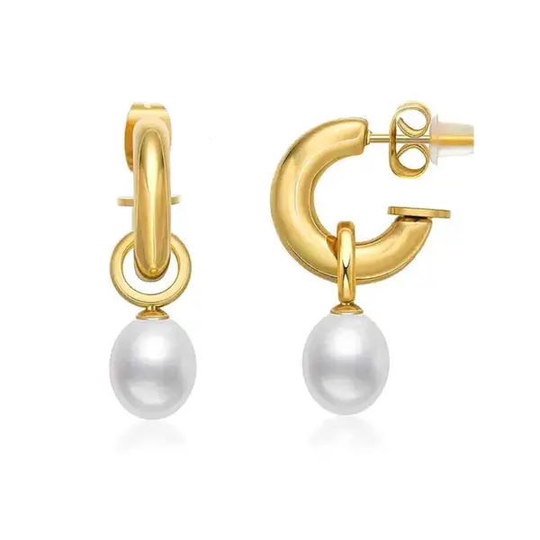 Wholesale 304 Stainless Steel C Shape PVD Coated Pearl 14K Gold Plated 18K Gold Plated Simple Style Waterproof Non Tarnish Plating Inlay Gold Drop Earrings