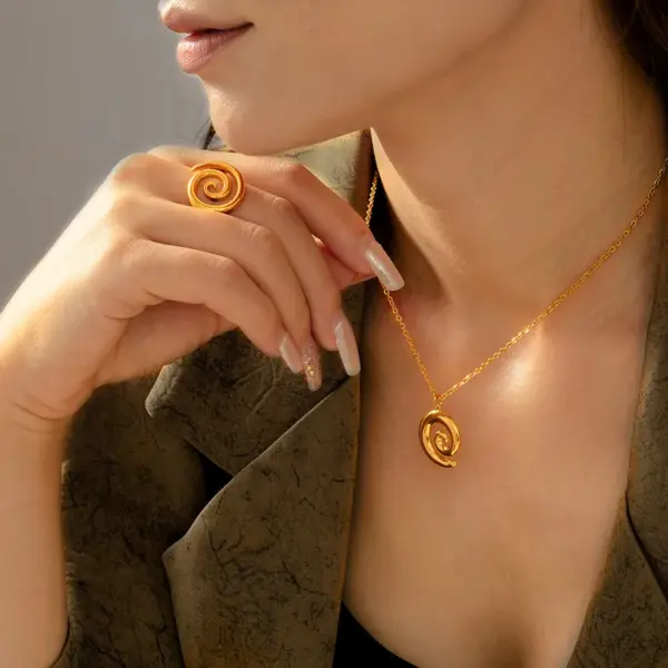 PVD Coated Real Gold Plated 18K Gold Spiral 304 Stainless Steel Simple Style Classic Style Waterproof Non Tarnish Rings Necklace