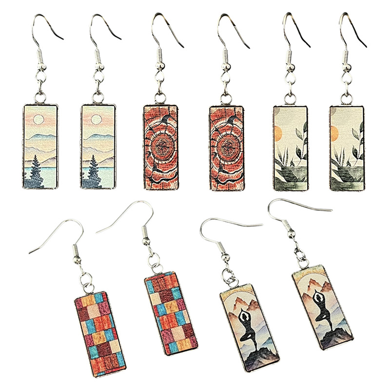 Wholesale Metal Wood Grain Mountain Peak Yoga Meditation Energy Earrings