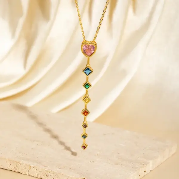 Wholesale French Retro Long Geometric Pendant Necklace For Women, Multicolor Gemstone Heart And Star Design, Unique Jewelry Accessory