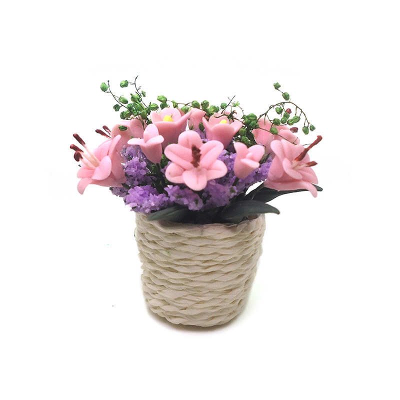 Wholesale 1:12 doll house aessories dollhouse mini clay flower plant tted white woven t lily flower arrangement model