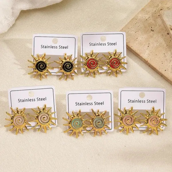 Wholesale Sunshine Plating Color Retention Earrings Hot Selling Polished And Drip Oil Electroplated Stainless Steel