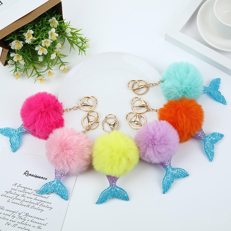 Wholesale Gold wder mermaid fur ball key chain fish tail pendant imitation Rex rabbit fur ball pendant cute school bag pendant