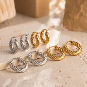 Wholesale Luxurious Stainless Steel Twisted Huggie Earrings For Women Gold Plated Round Fashionable Versatile Ear Jewelry