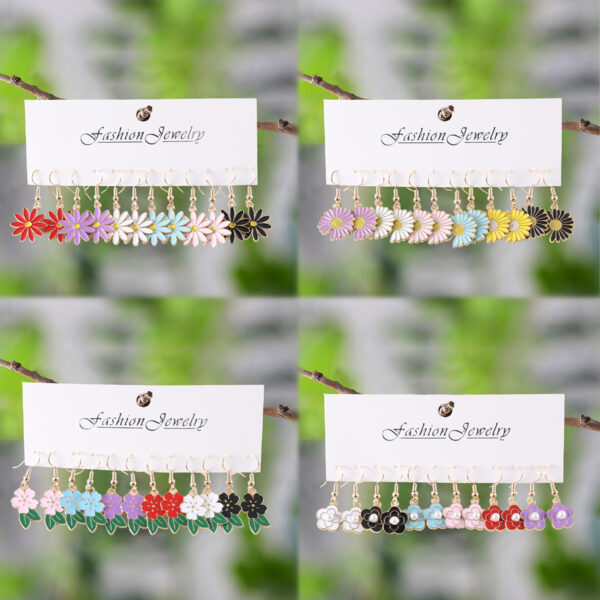 Wholesale Cross Border Color Small Flower Oil Drop Pendant Earrings suit Bohemian Alloy Earrings Spring and Summer Earrings Gift