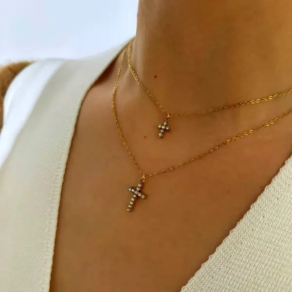 Wholesale 304 Stainless Steel Cross PVD Coated Rhinestones Real Gold Plated IG Style Japanese Style Commute Waterproof Non Tarnish Surgical Steel Cable Chain Lobster Trigger Clasp Closure Gold Pendant Necklace