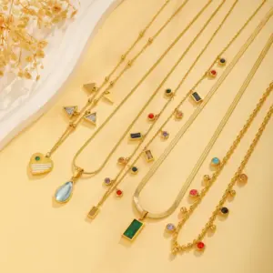 Wholesale PVD Coated Real Gold Plated 18K Gold Water Droplets Heart Shape Rectangle Titanium Steel Simple Style Waterproof Non Tarnish Titanium Steel Pendant Necklace