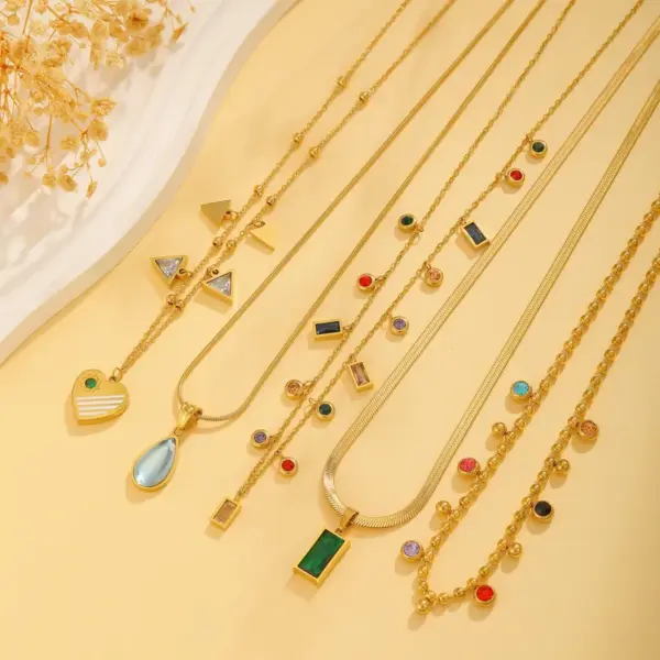 Wholesale PVD Coated Real Gold Plated 18K Gold Water Droplets Heart Shape Rectangle Titanium Steel Simple Style Waterproof Non Tarnish Titanium Steel Pendant Necklace