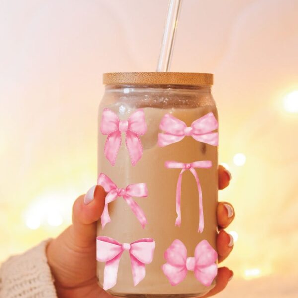 Wholesale UV transfer sticker for pink bow crystal glass cup 16oz