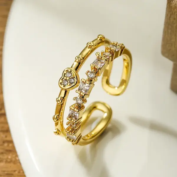 Wholesale Modern Style Sweet Heart Shape Copper Plating Inlay Zircon 18k Gold Plated Open Ring