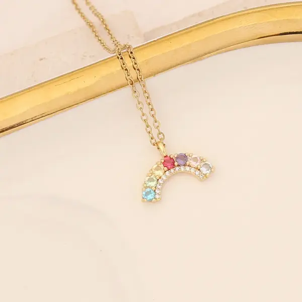 Wholesale Stainless Steel Rainbow Flower PVD Coated Zircon 18K Gold Real Gold Plated Cute Waterproof Non Tarnish Cable Chain Colorful Necklace